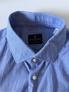 Emanuel Berg Luxury Modern Fit Blue Prince of Wales Check Button Dress Shirt XL